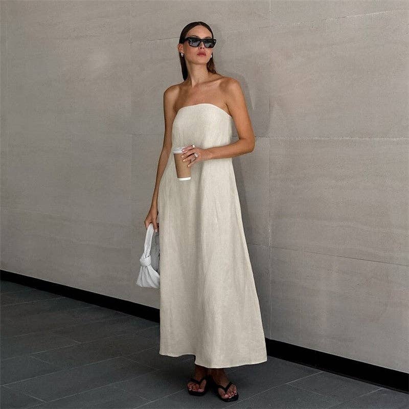 Khaki Casual Strapless Backless Maxi Dress