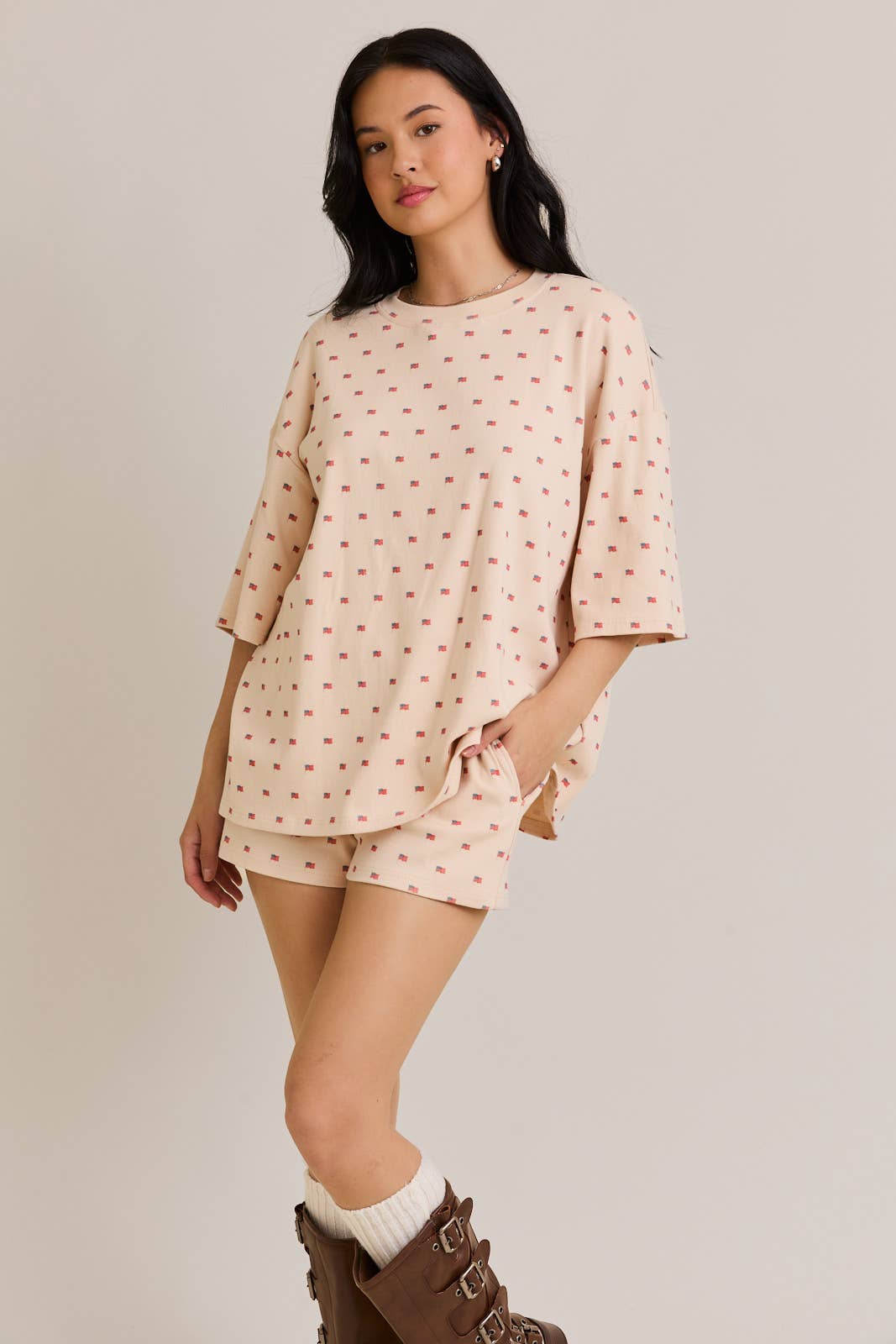 USA FLAG PRINTED OVERSIZED T-SHIRT WITH ELASTIC WAIST SHORT