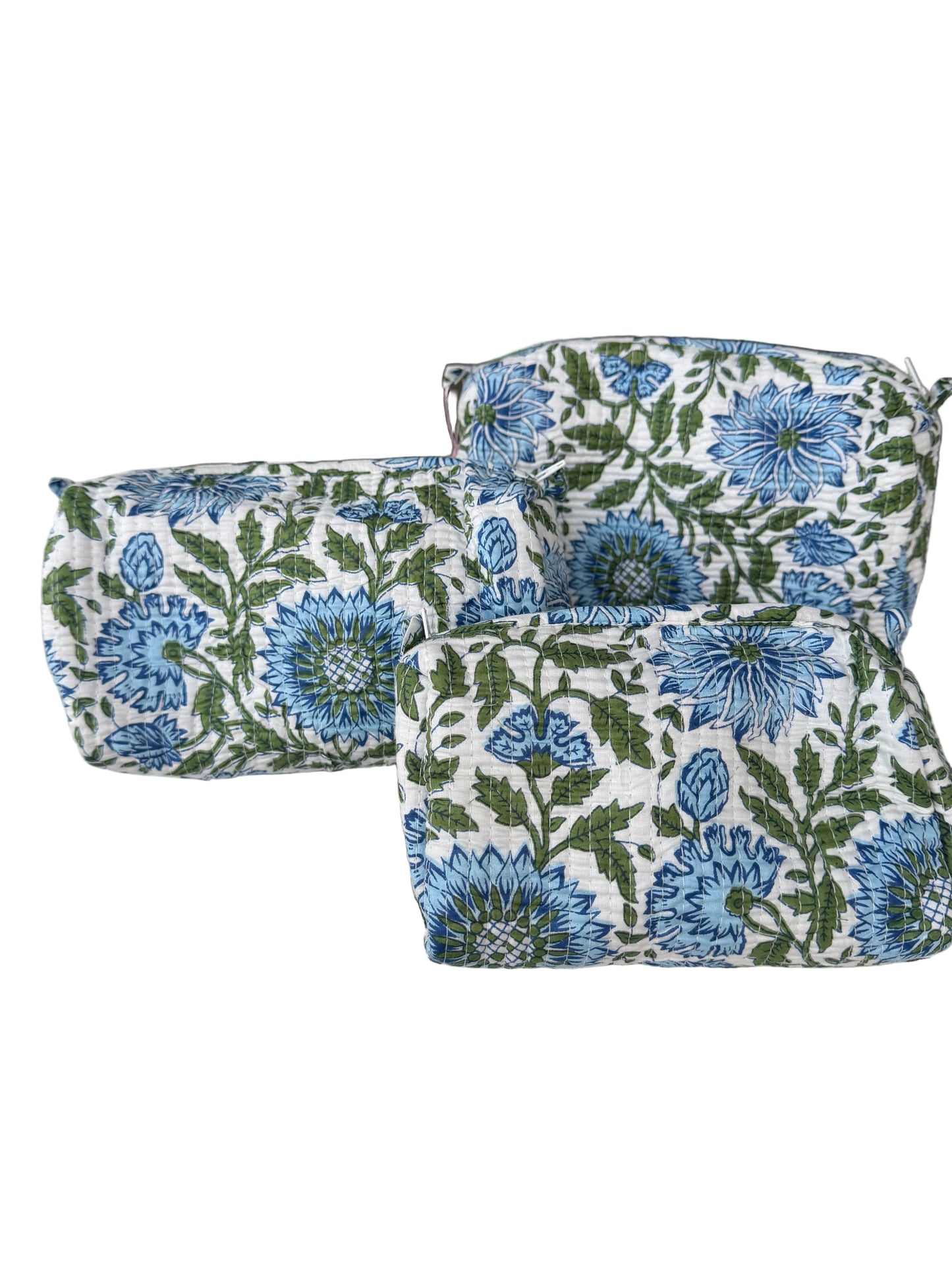 3 in 1 Blue Floral Quilted Cosmetic Pouch