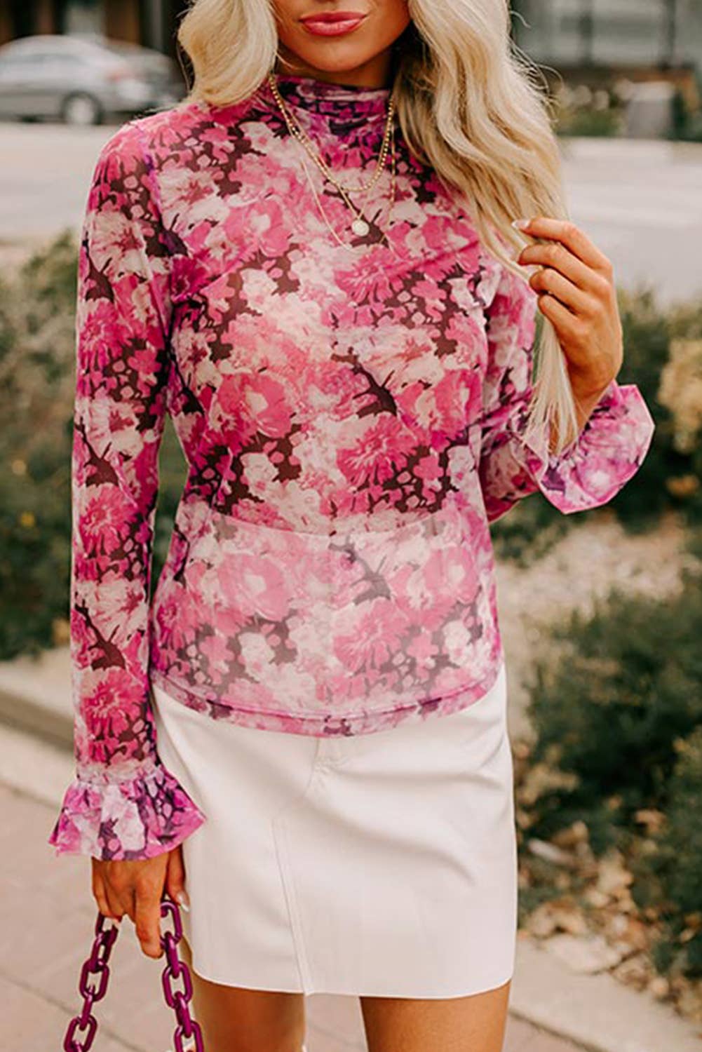Floral Mesh Flounce Sleeve Mock Neck Blouse