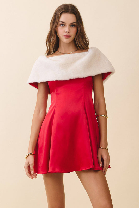 A Line Off The Shoulder Faux Fur Detail Mini Dress