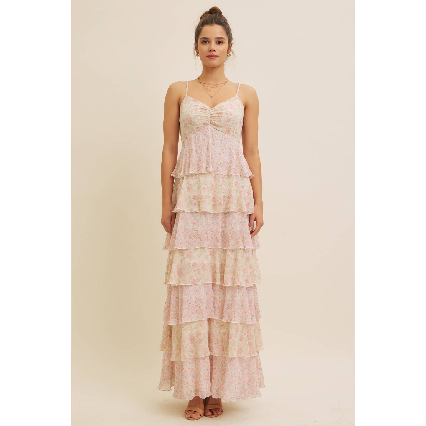 ROMANTIC FLORAL TIERED MAXI DRESS WITH RUCHED BUST