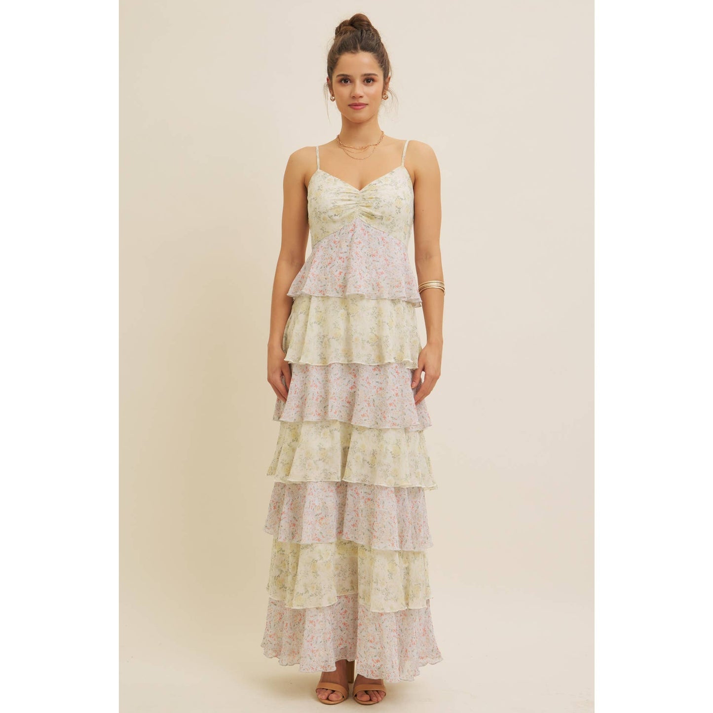 ROMANTIC FLORAL TIERED MAXI DRESS WITH RUCHED BUST