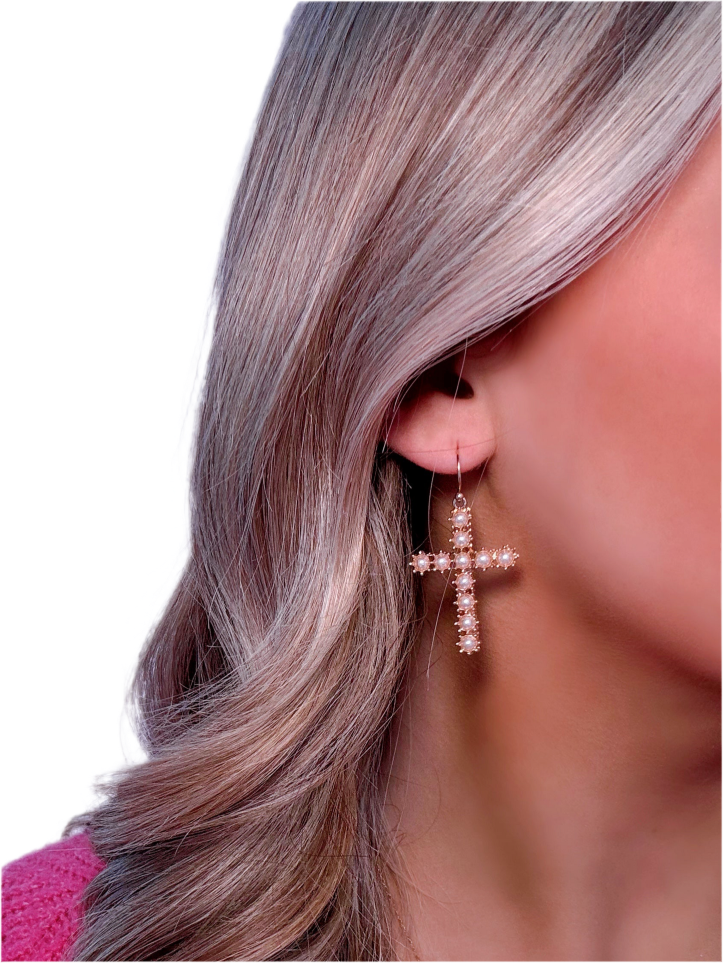 Gold Pearl Cross Drop Earrings