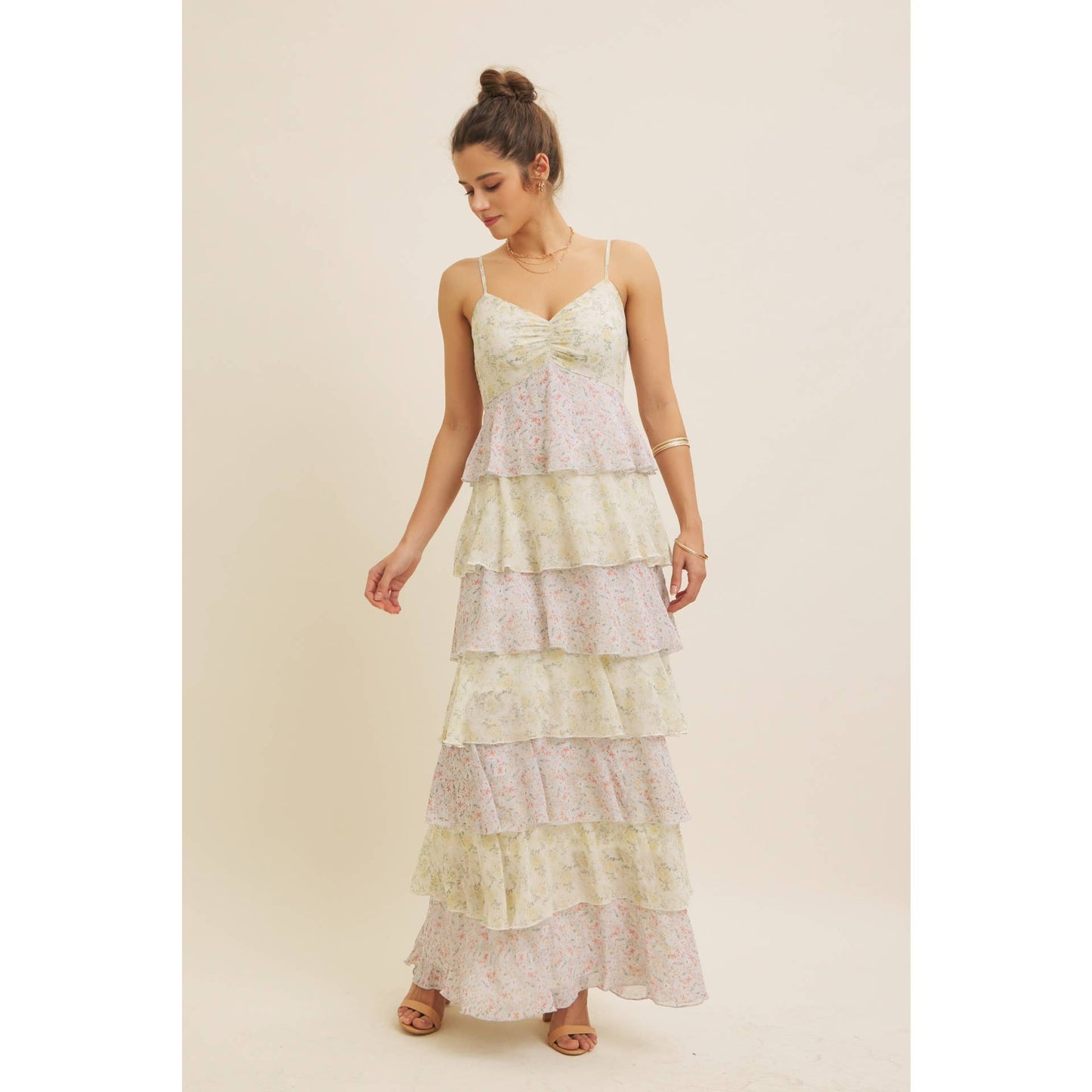ROMANTIC FLORAL TIERED MAXI DRESS WITH RUCHED BUST