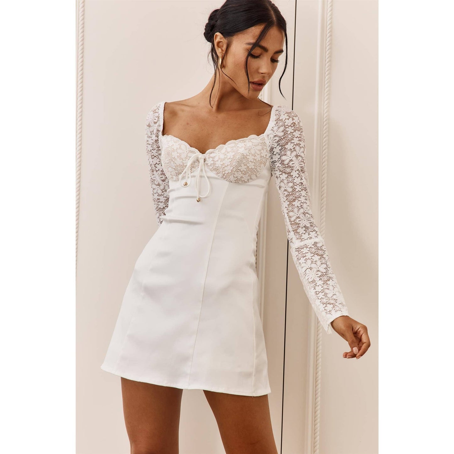 LACE SLEEVES TIE FEATURE MINI DRESS