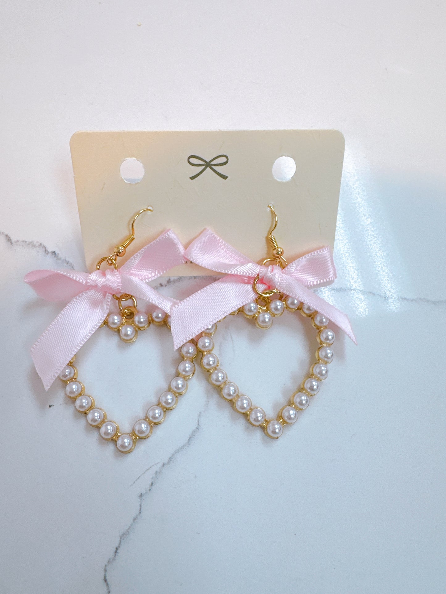 Pearl Heart Drop Earrings with Pink Bow