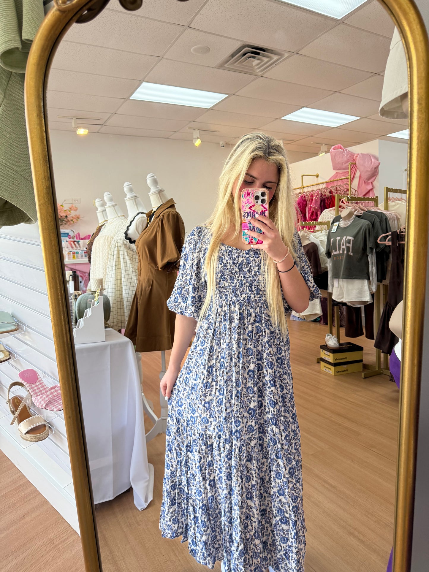 Sweetheart Neck Smockee Bodice LS Maxi Dress