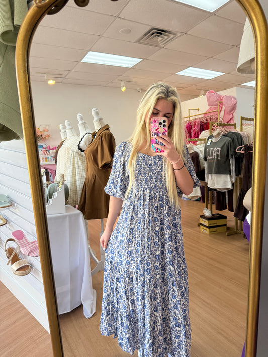 Sweetheart Neck Smockee Bodice LS Maxi Dress