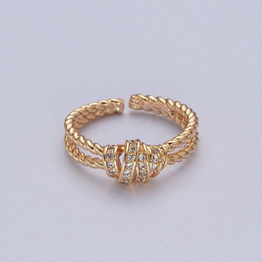 Gold Micro Pave Cubic Zirconia CZ Twist Double Band Adjustable Ring