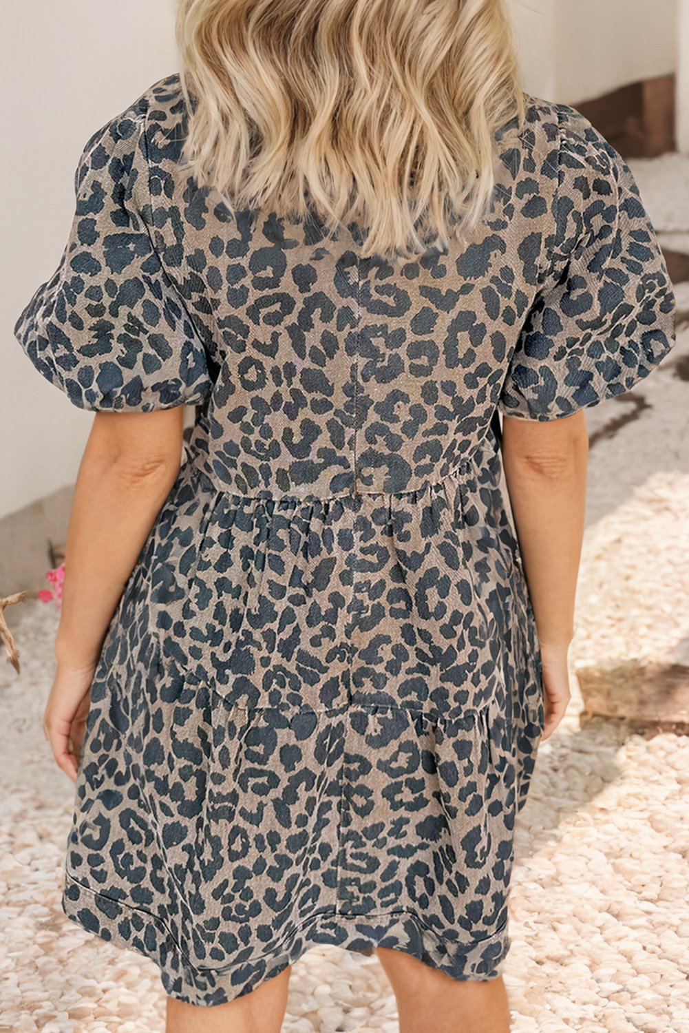 LDC Denim Leopard Printed Short Sleeve Flared Mini Dress