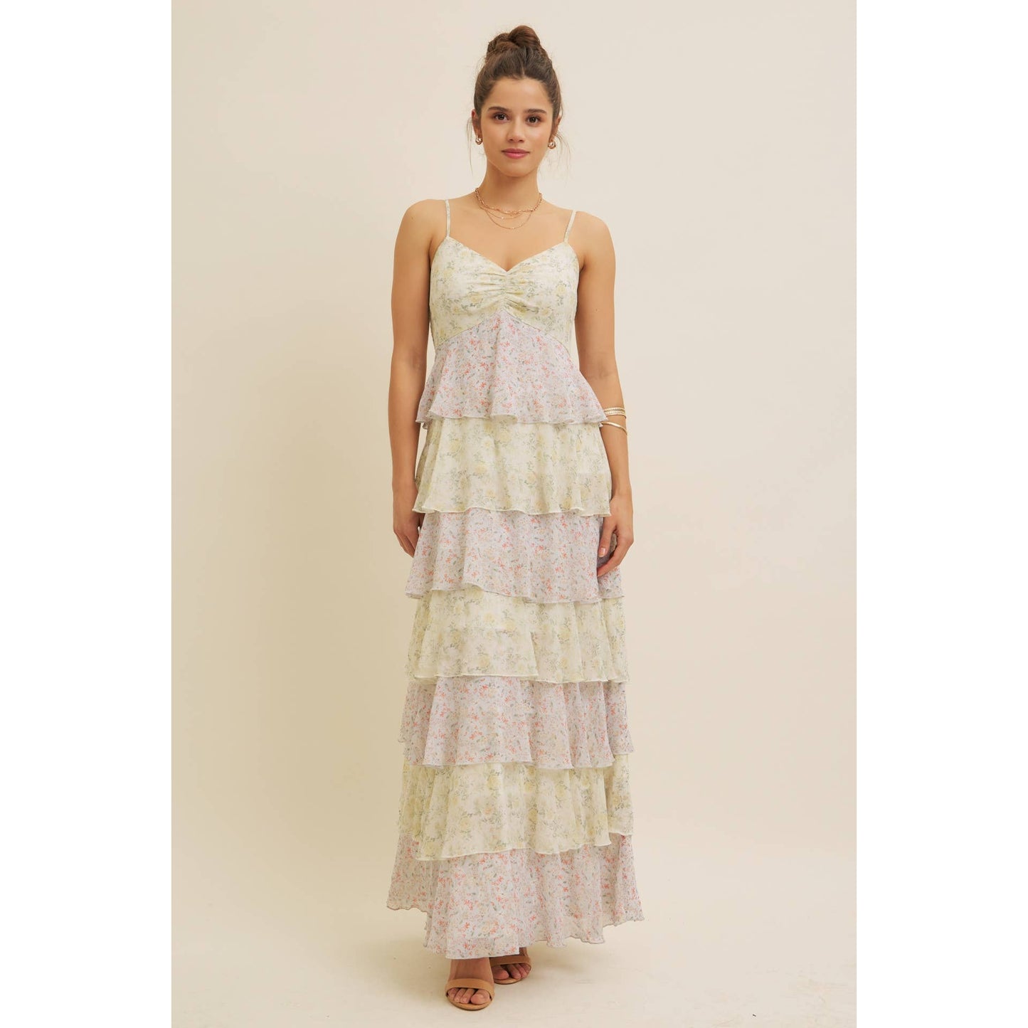 ROMANTIC FLORAL TIERED MAXI DRESS WITH RUCHED BUST