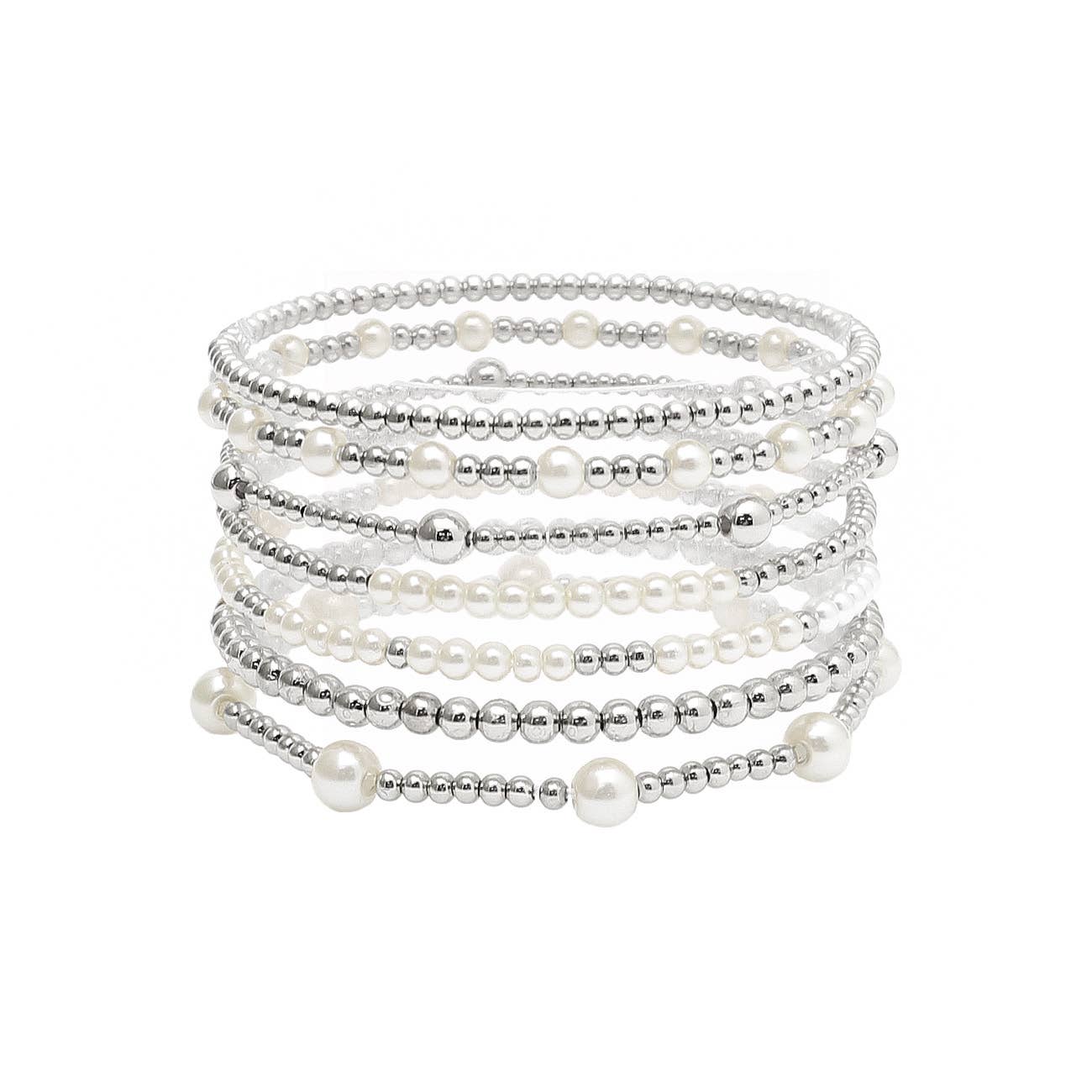 Silver Beaded & Pearl Stretch Bracelet