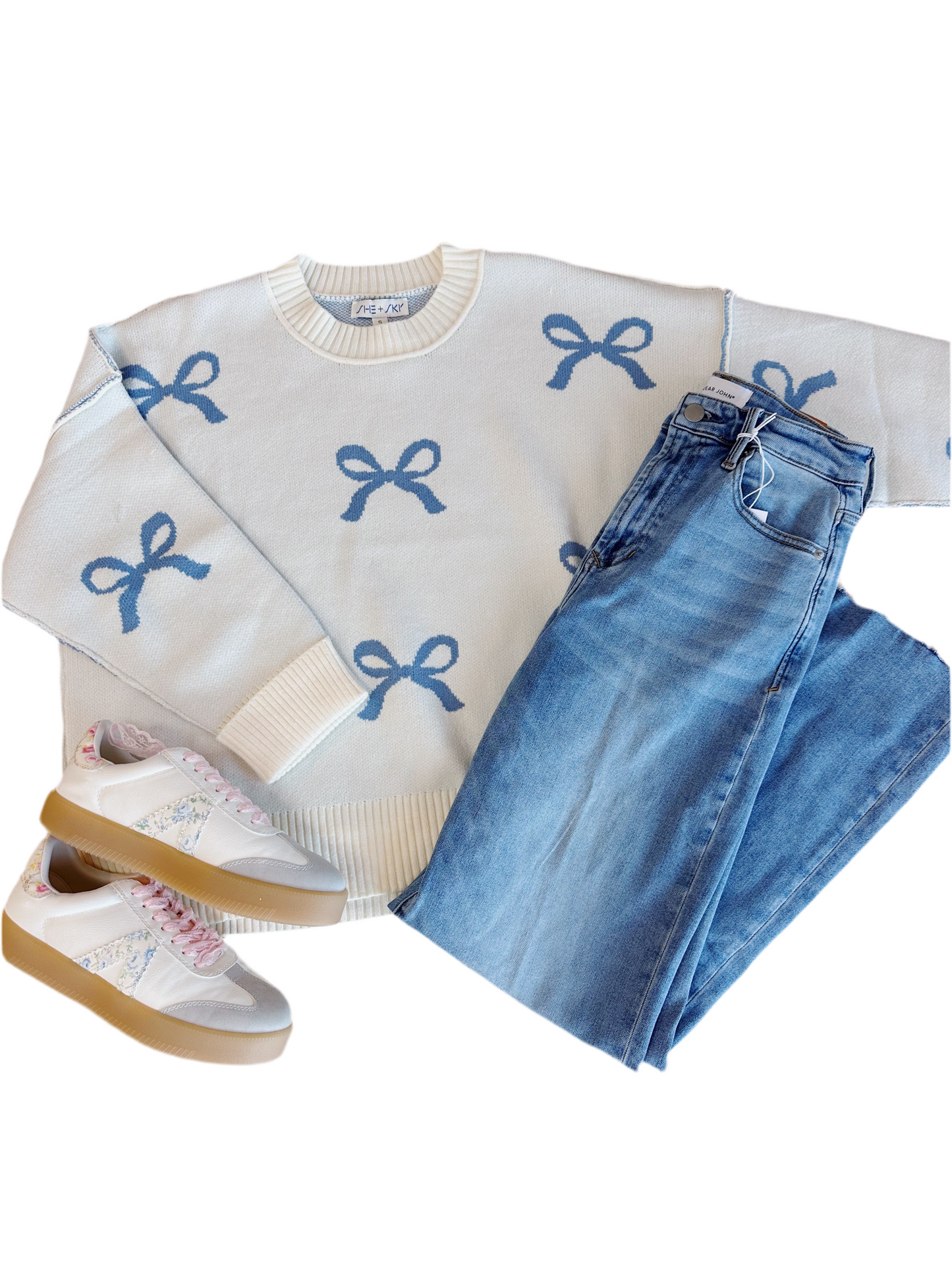 Cute In Blue Bows Long Sleeve Sweater