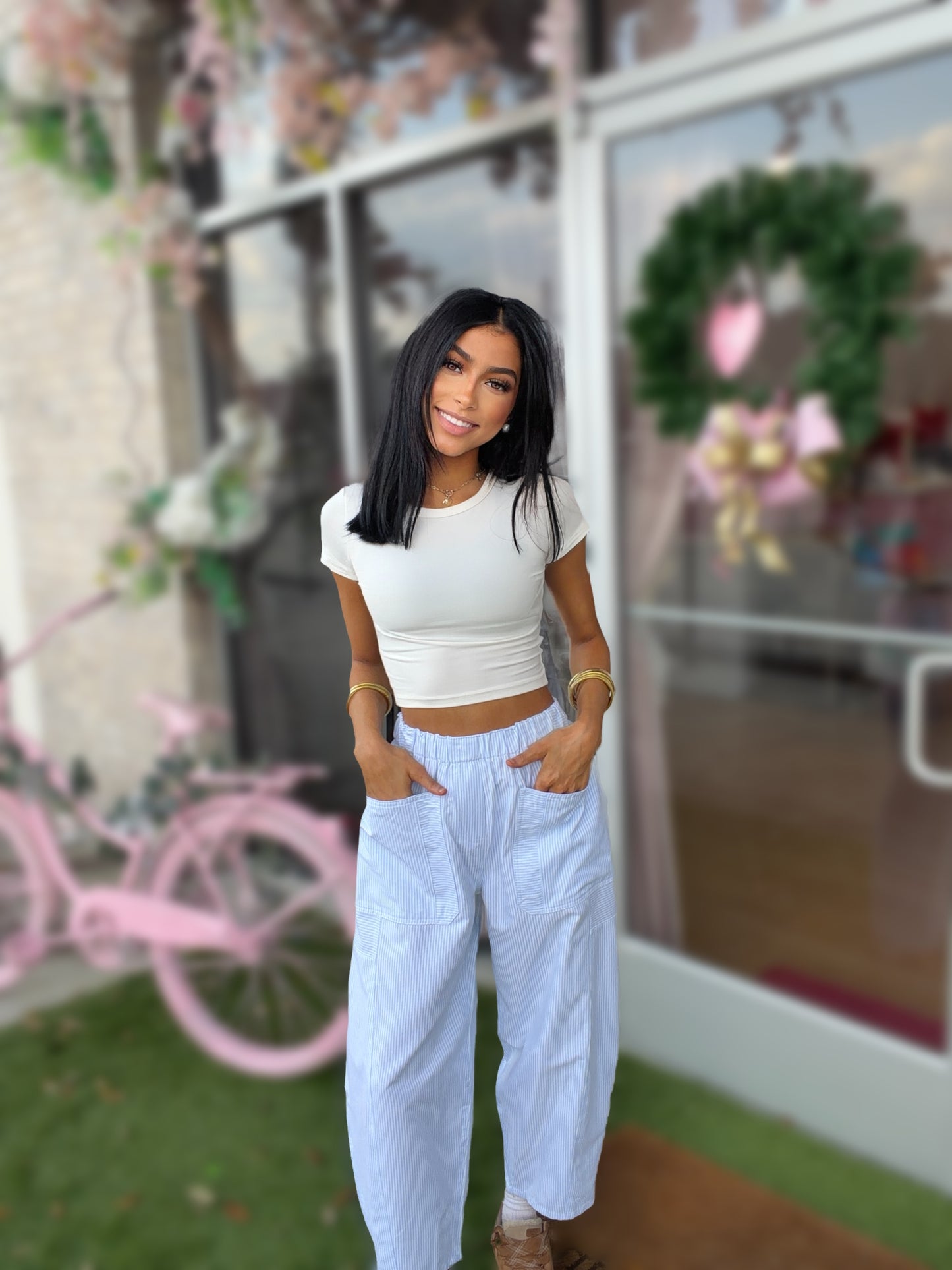 Blue Striped Wide Barrel Pants with Pockets