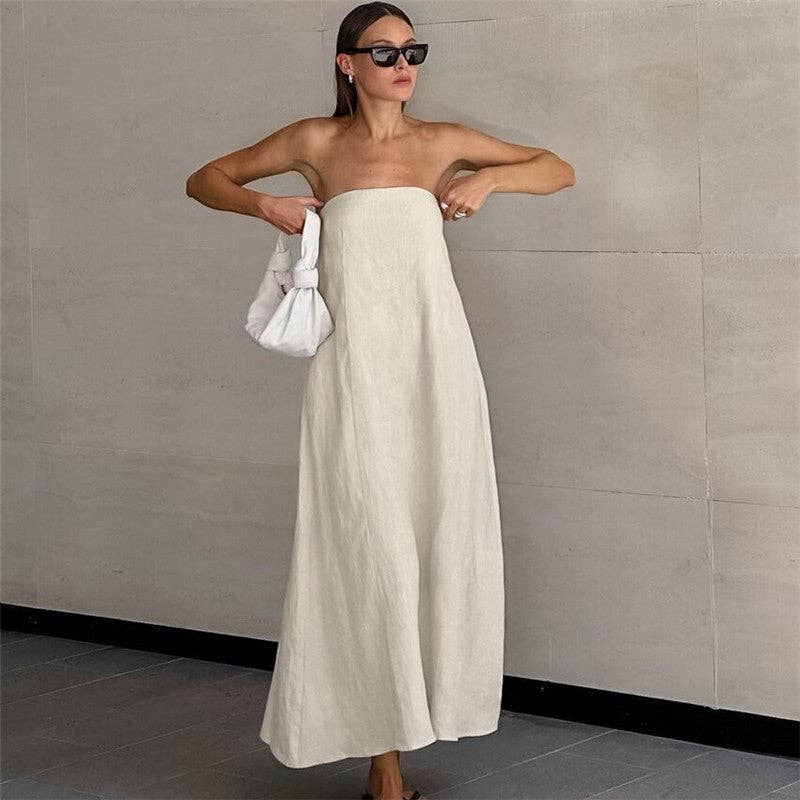 Khaki Casual Strapless Backless Maxi Dress