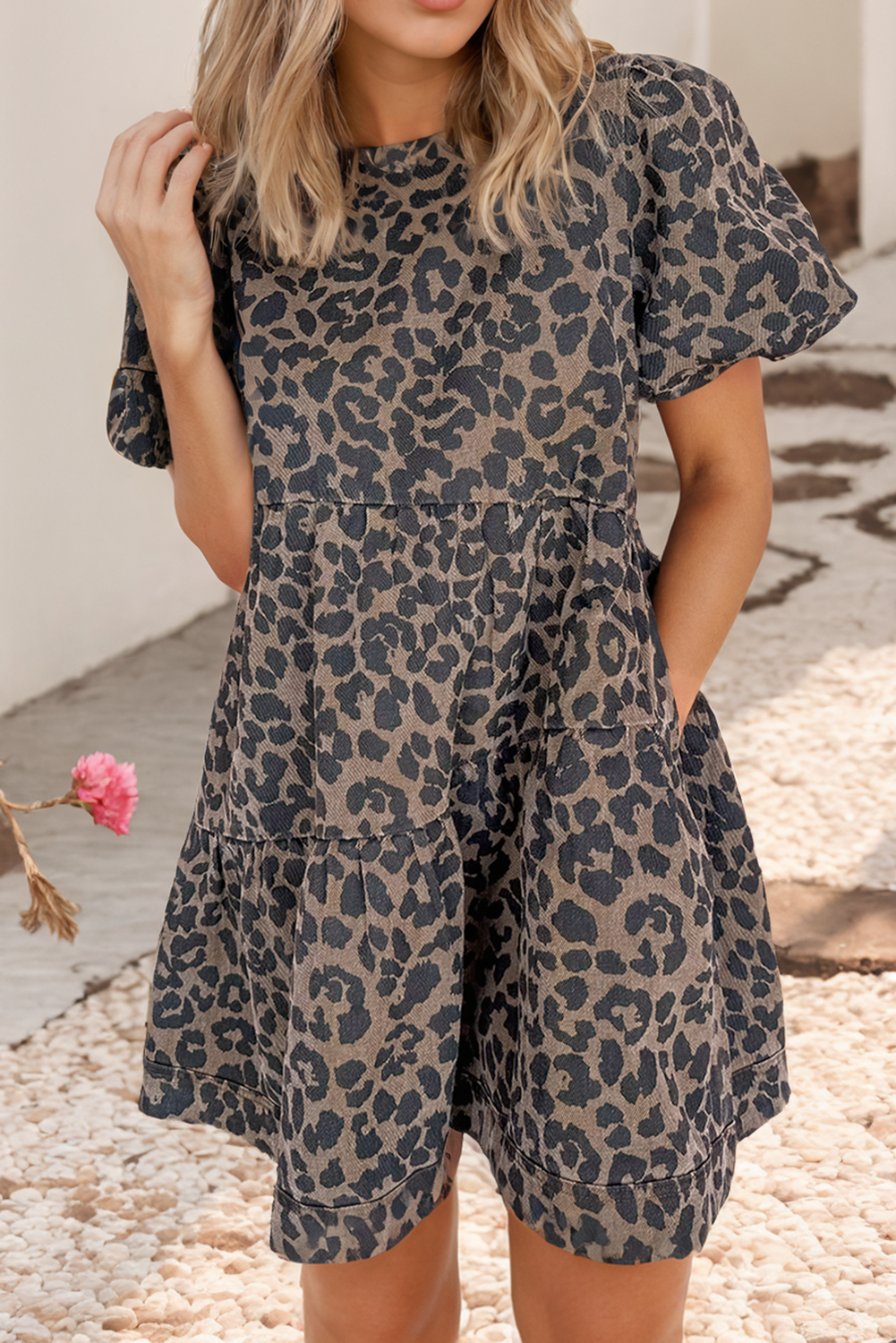 LDC Denim Leopard Printed Short Sleeve Flared Mini Dress