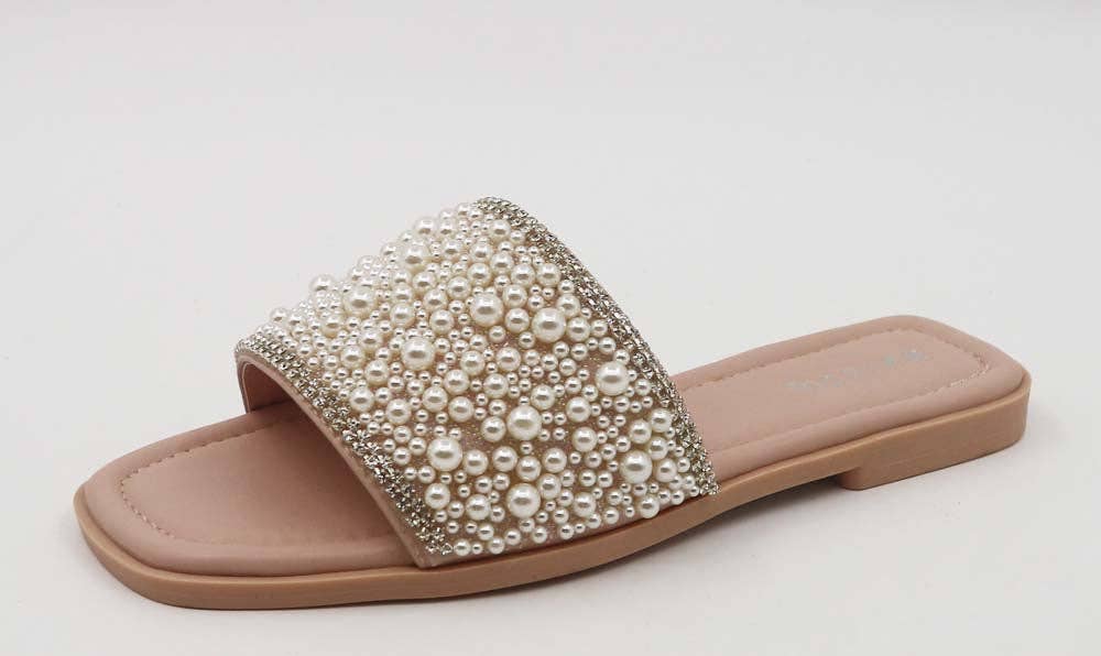 Bamboo HINT-01 Women Pearl Studded Band Flat Sandals: NUDPU / 18A-5.5(1)-6(2)-6.5(2)-7(3)-7.5(3)-8(3)-8.5(2)-9(1)-10(1)