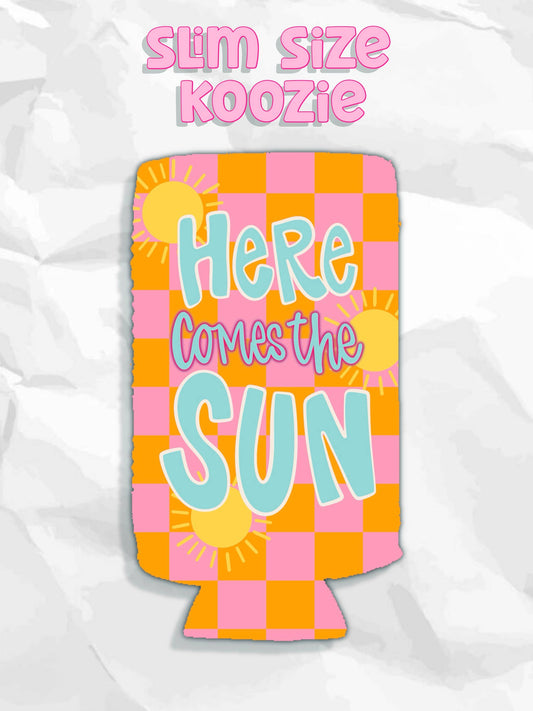 Here comes the sun summer checkered print koozies