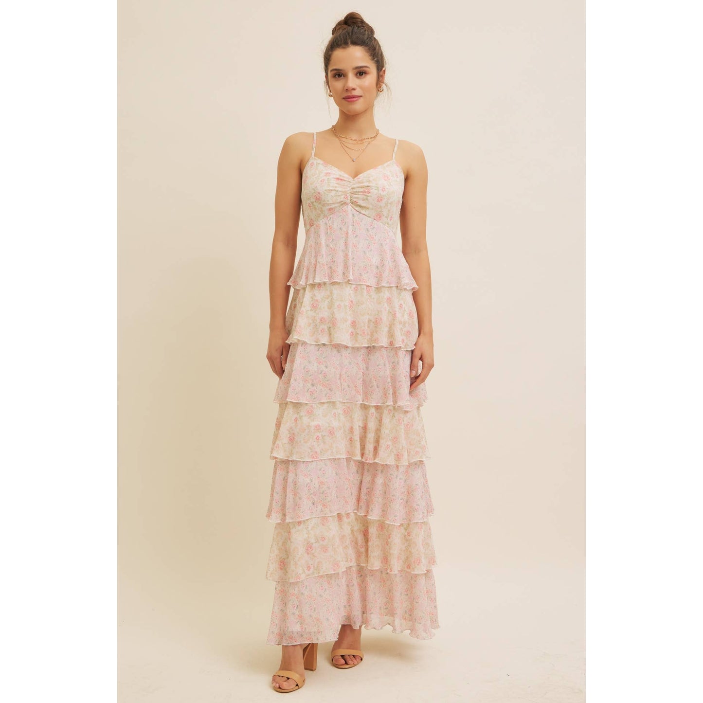 ROMANTIC FLORAL TIERED MAXI DRESS WITH RUCHED BUST