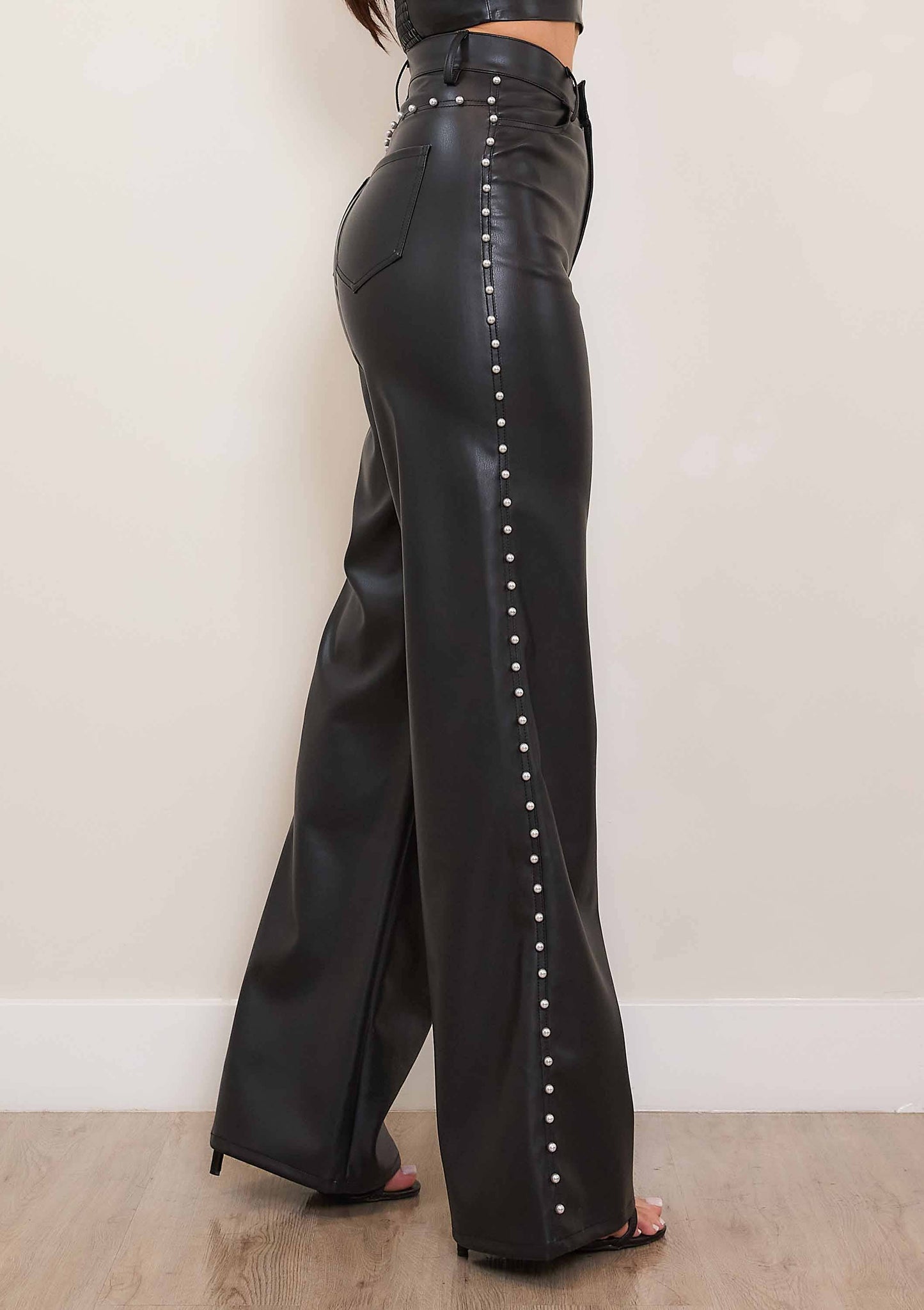 Vegan Leather Wide Leg Pants With Pearl