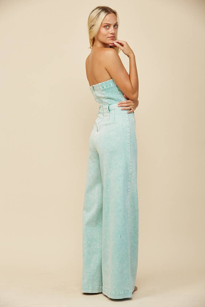 BOHO MINERAL WASH WIDE LEG DENIM JUMPSUIT