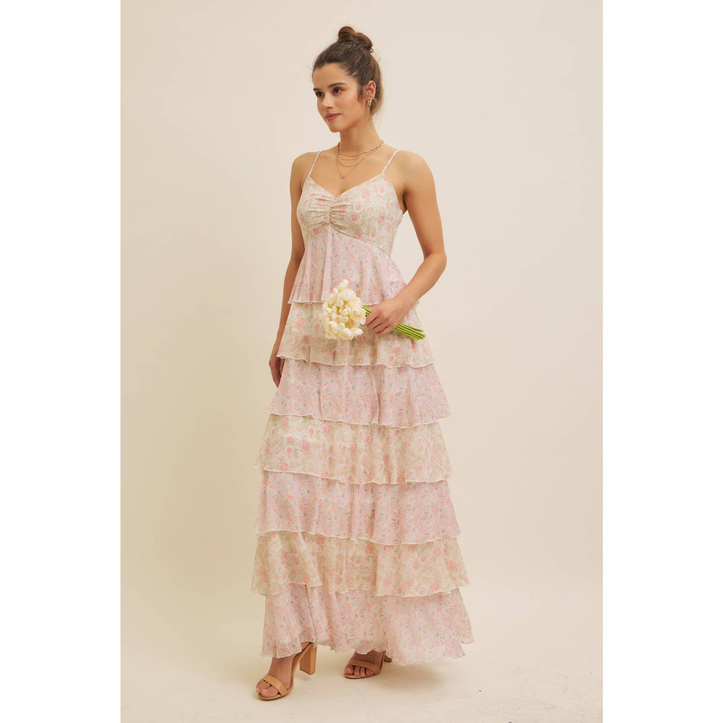 ROMANTIC FLORAL TIERED MAXI DRESS WITH RUCHED BUST
