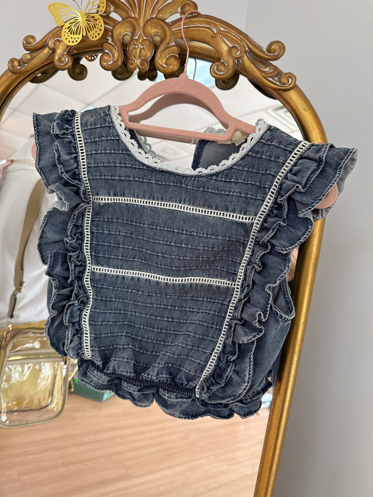 Sweet Stitched Denim Ruffle Top