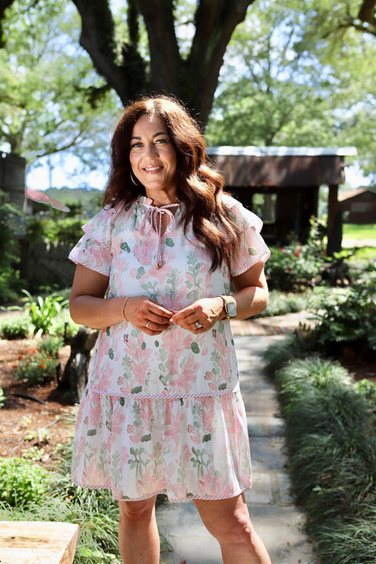 Floral Contrast Edge Layered Short Sleeve Mini Dress