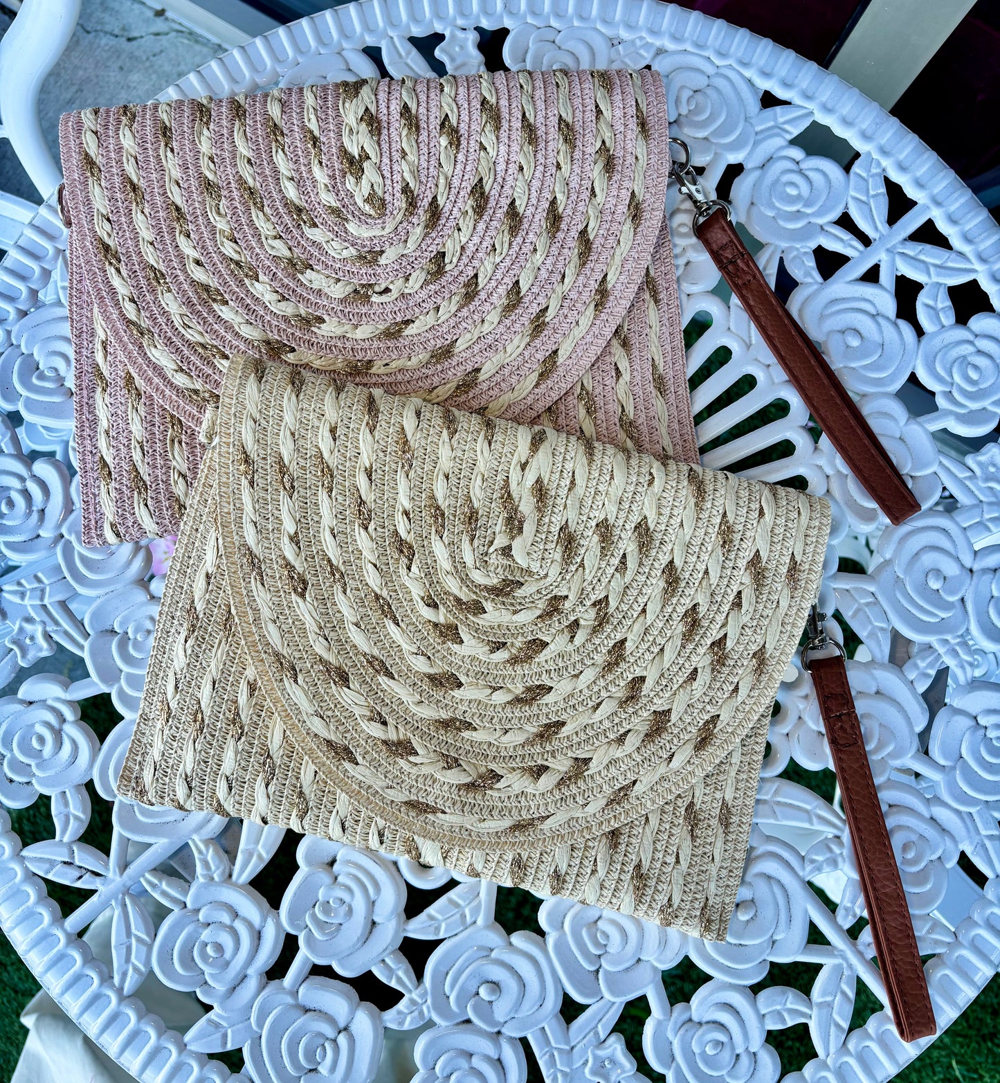 Woven Straw Clutch with Gold Thread Detail