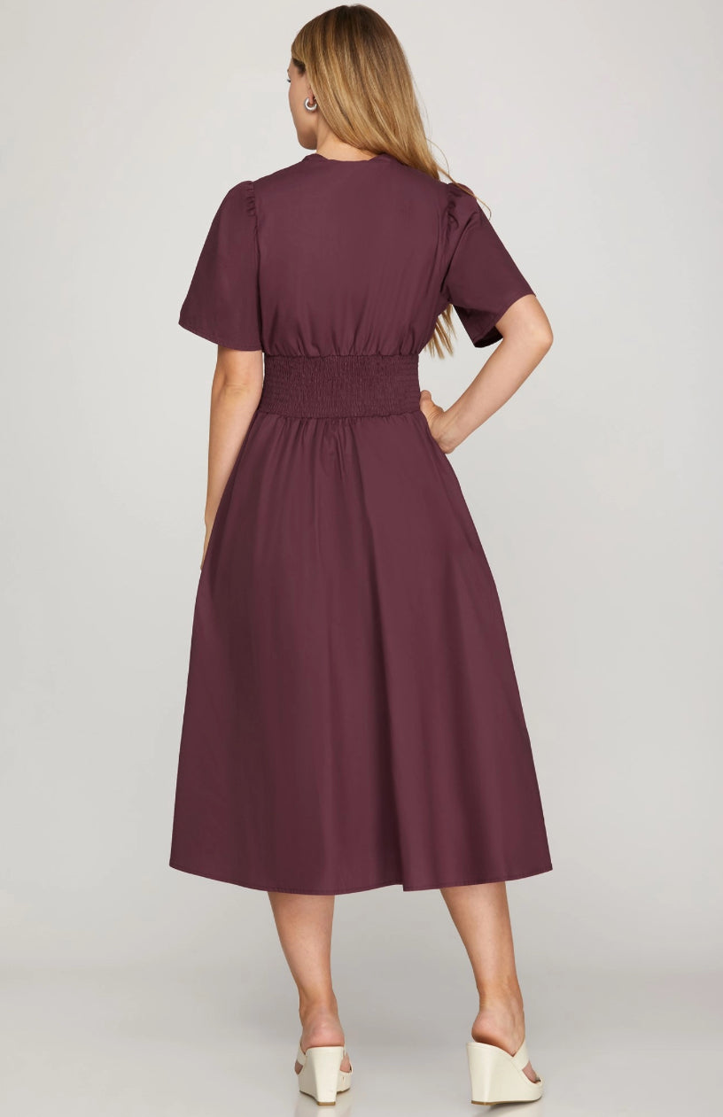 Short Sleeve Smocked Waist Front Zip With Pockets