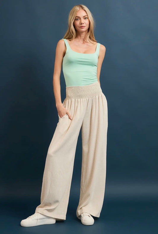 Linen Smocked Wide Leg Pants