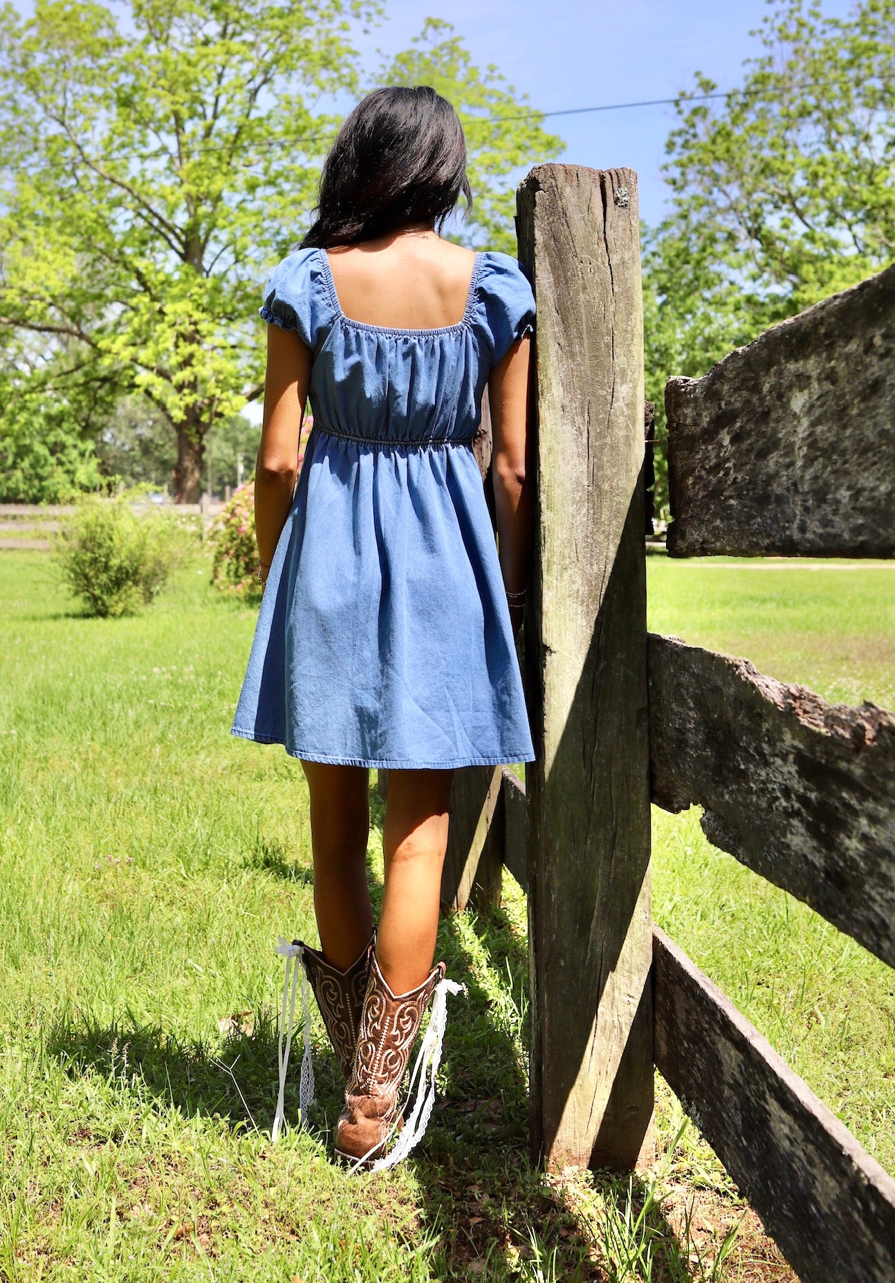 String Tie Puff Short Sleeves Denim Mini Dress