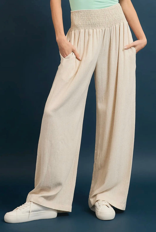 Linen Smocked Wide Leg Pants