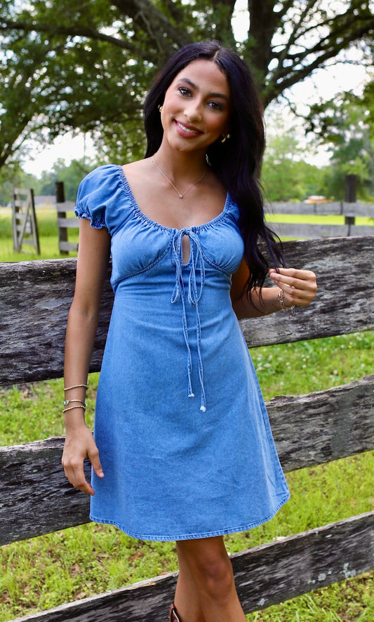 String Tie Puff Short Sleeves Denim Mini Dress