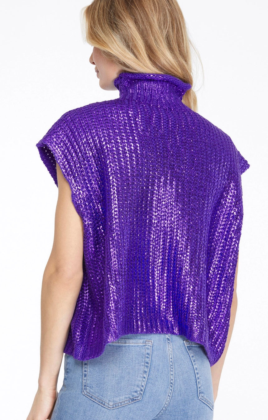 Metallic Foil Sleeveless Turtleneck Sweater Top