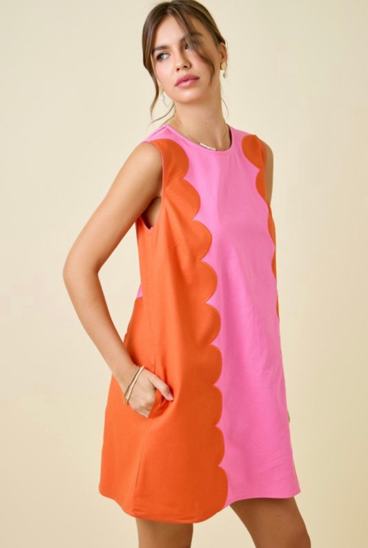 Cotton Blend Sleeveless Dress W/ Scalloped Panels