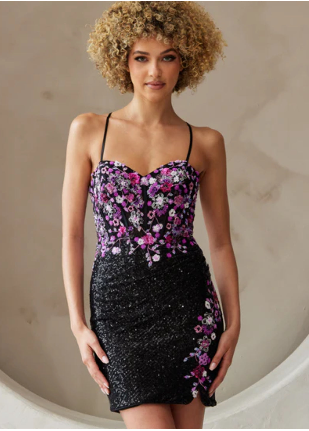 SEQUIN FLORAL EMBROIDERED CORSET MINI DRESS WITH LACE-UP BACK