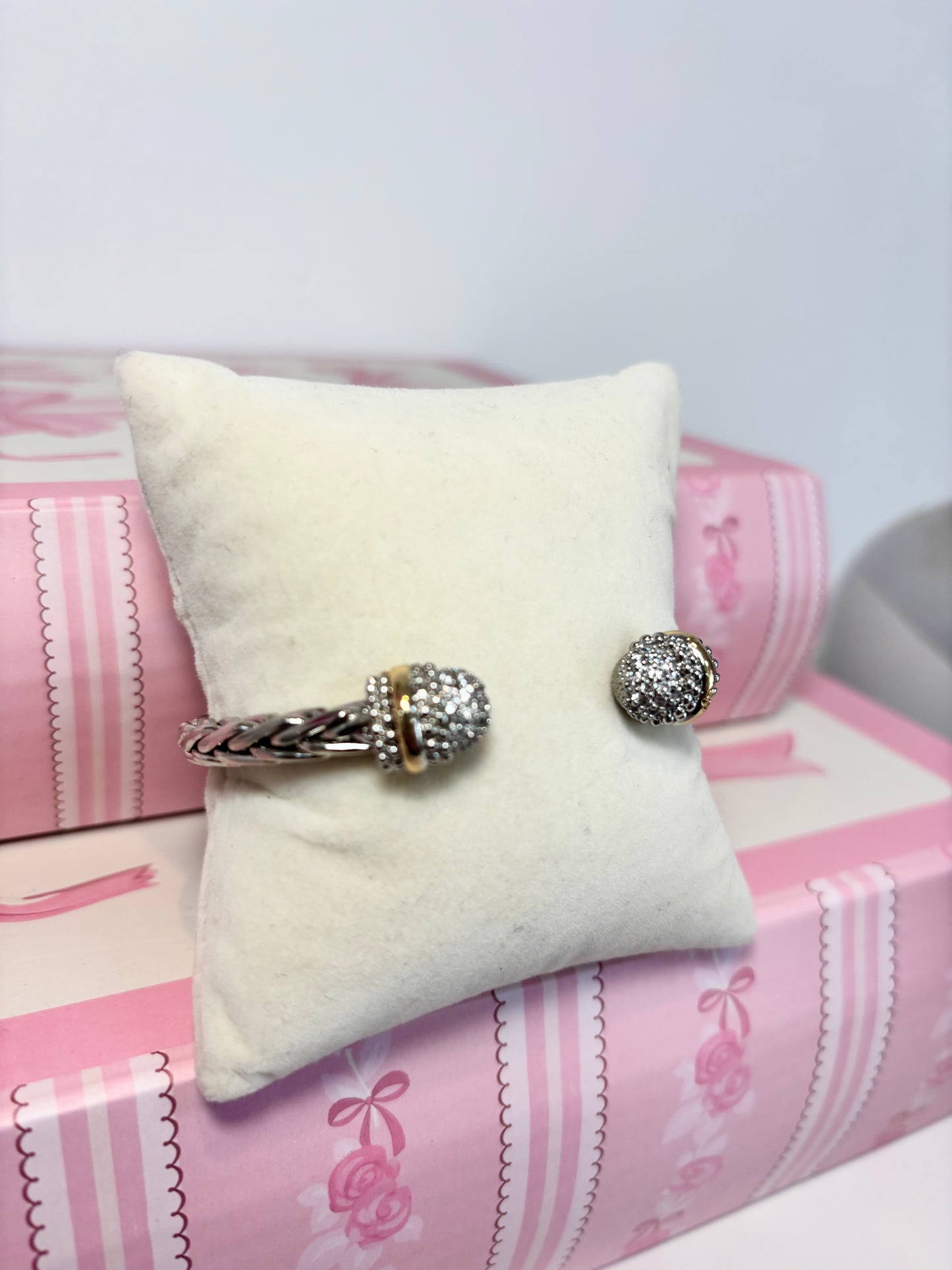 Silver Cable Cuff Bracelet with Crystal Ends