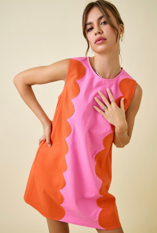 Cotton Blend Sleeveless Dress W/ Scalloped Panels