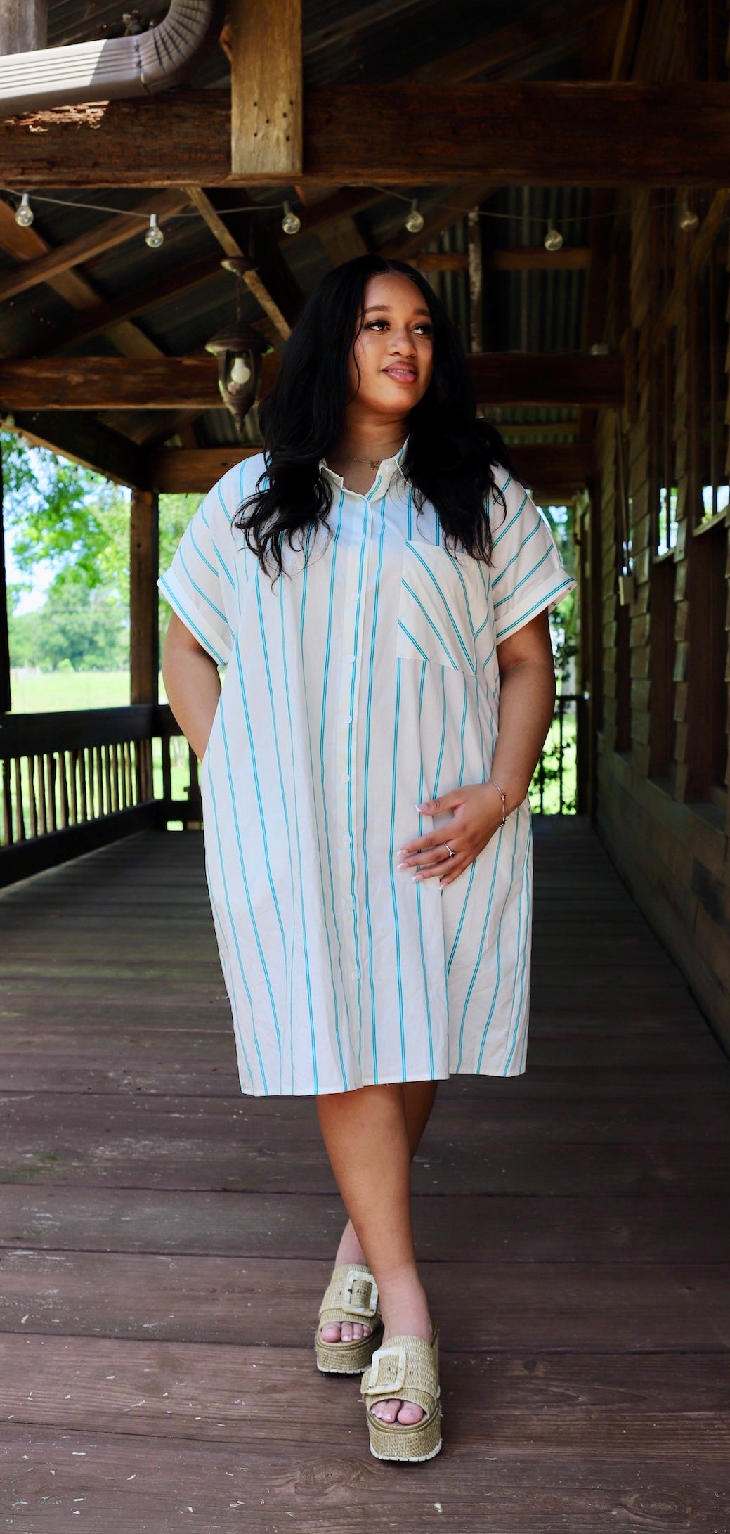 LDC Striped Wide Short Sleeve Shift Mini Shirt Dress