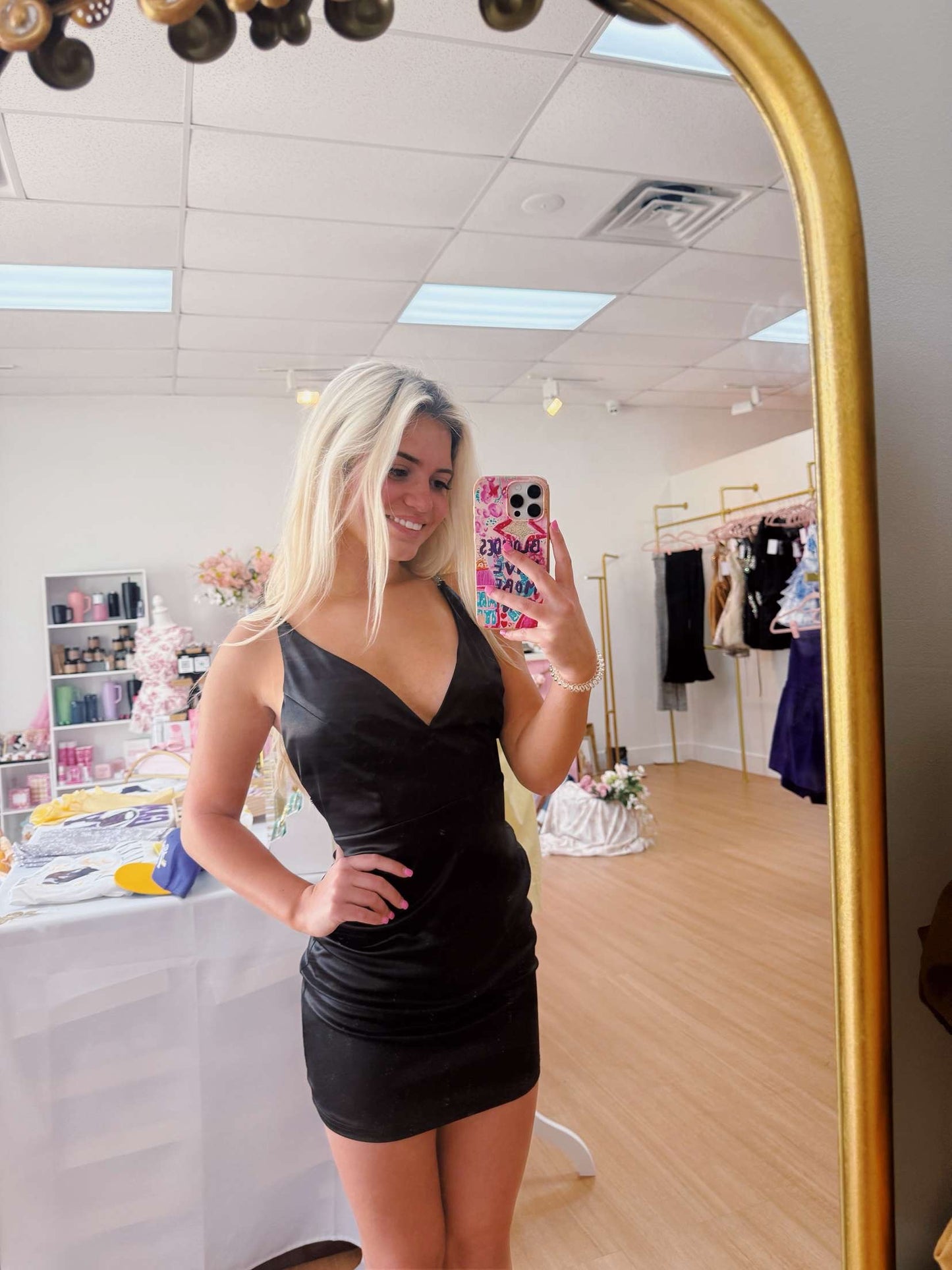 Black Satin Dress With Diamond Straps Cons.