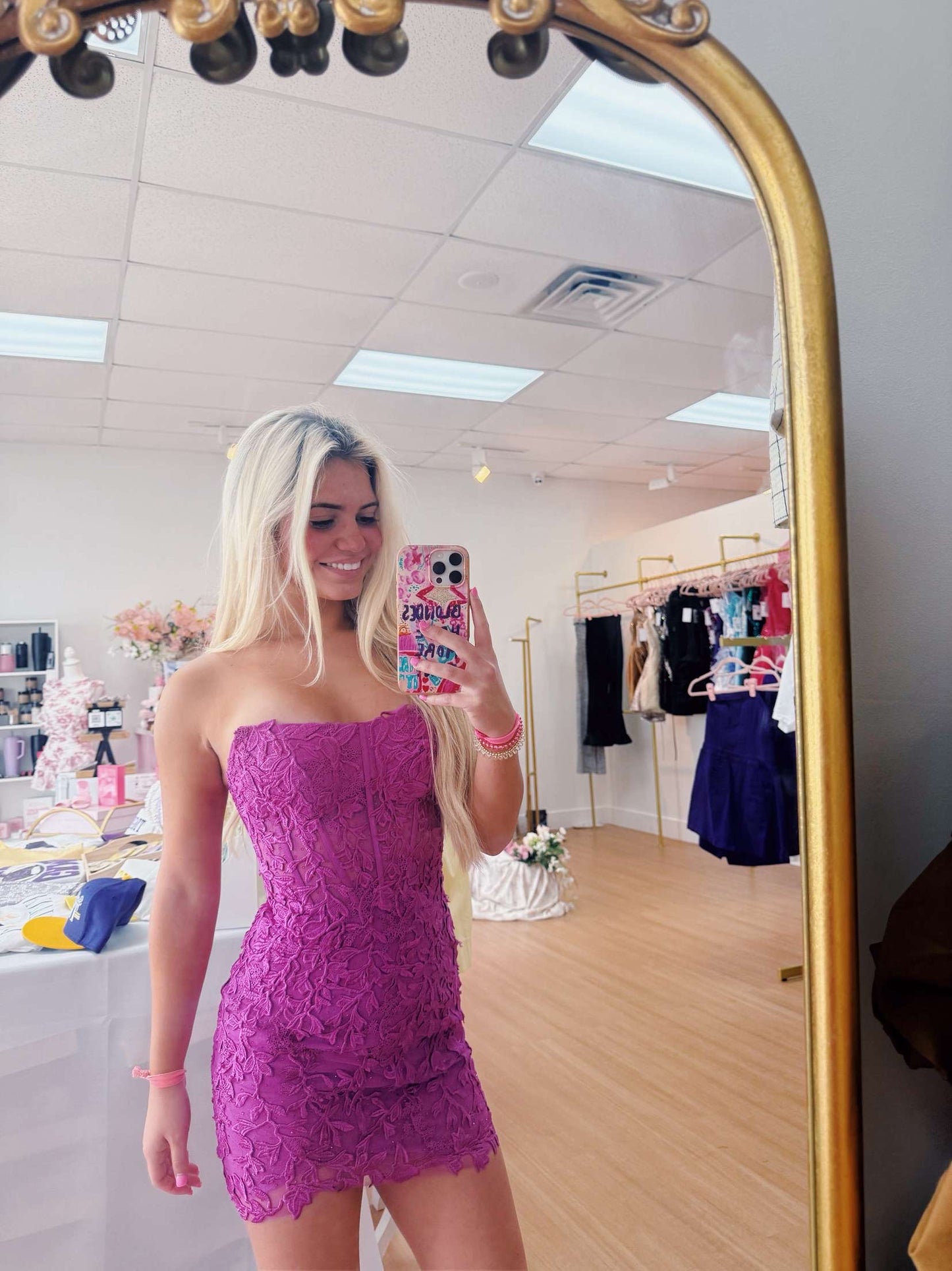 Strapless Purple Lace Sherri Hill Cons