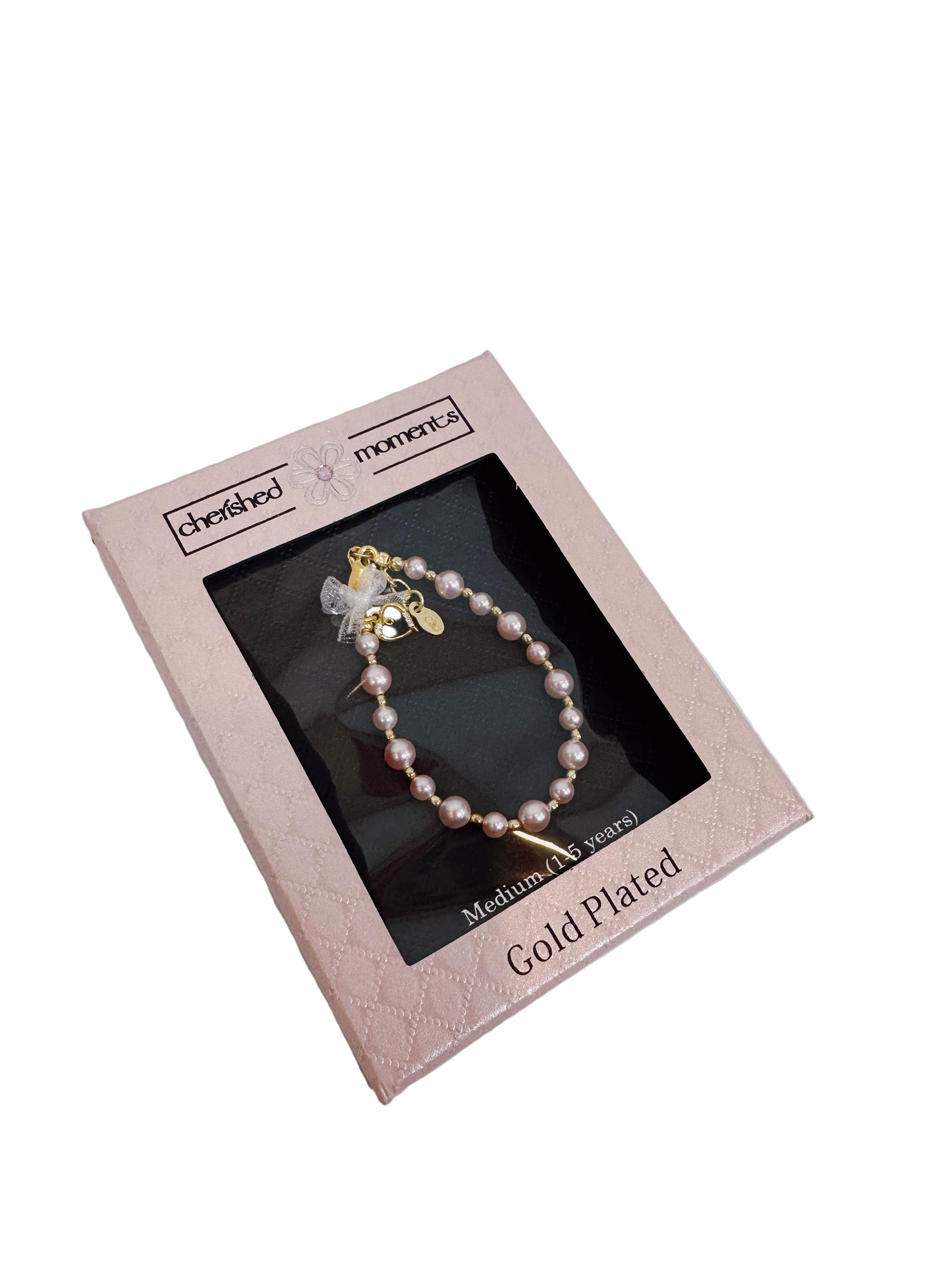 Pink pearl and gold charm baby bracelet