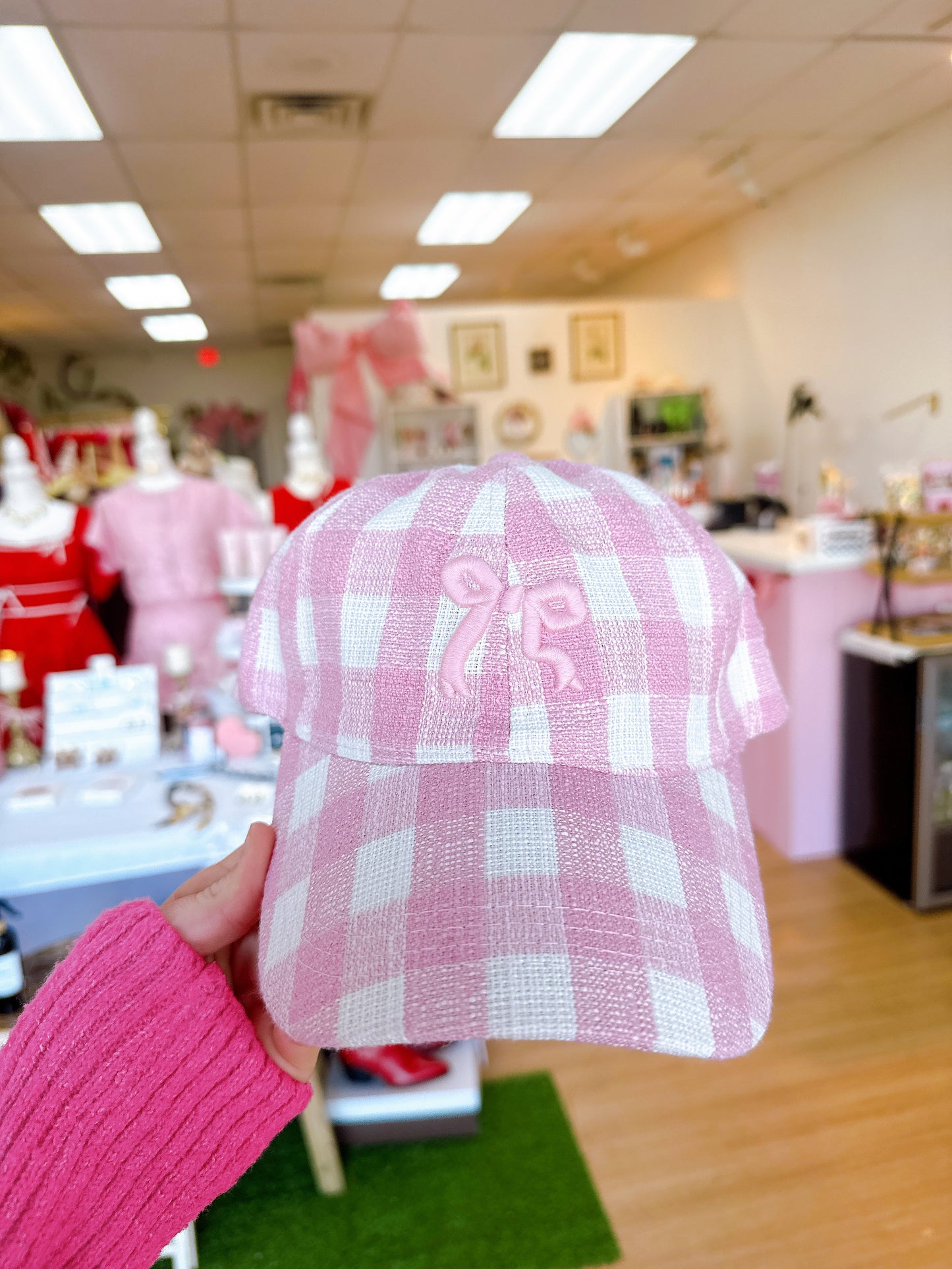 Vintage Pink Gingham Bow Embroidered Cap