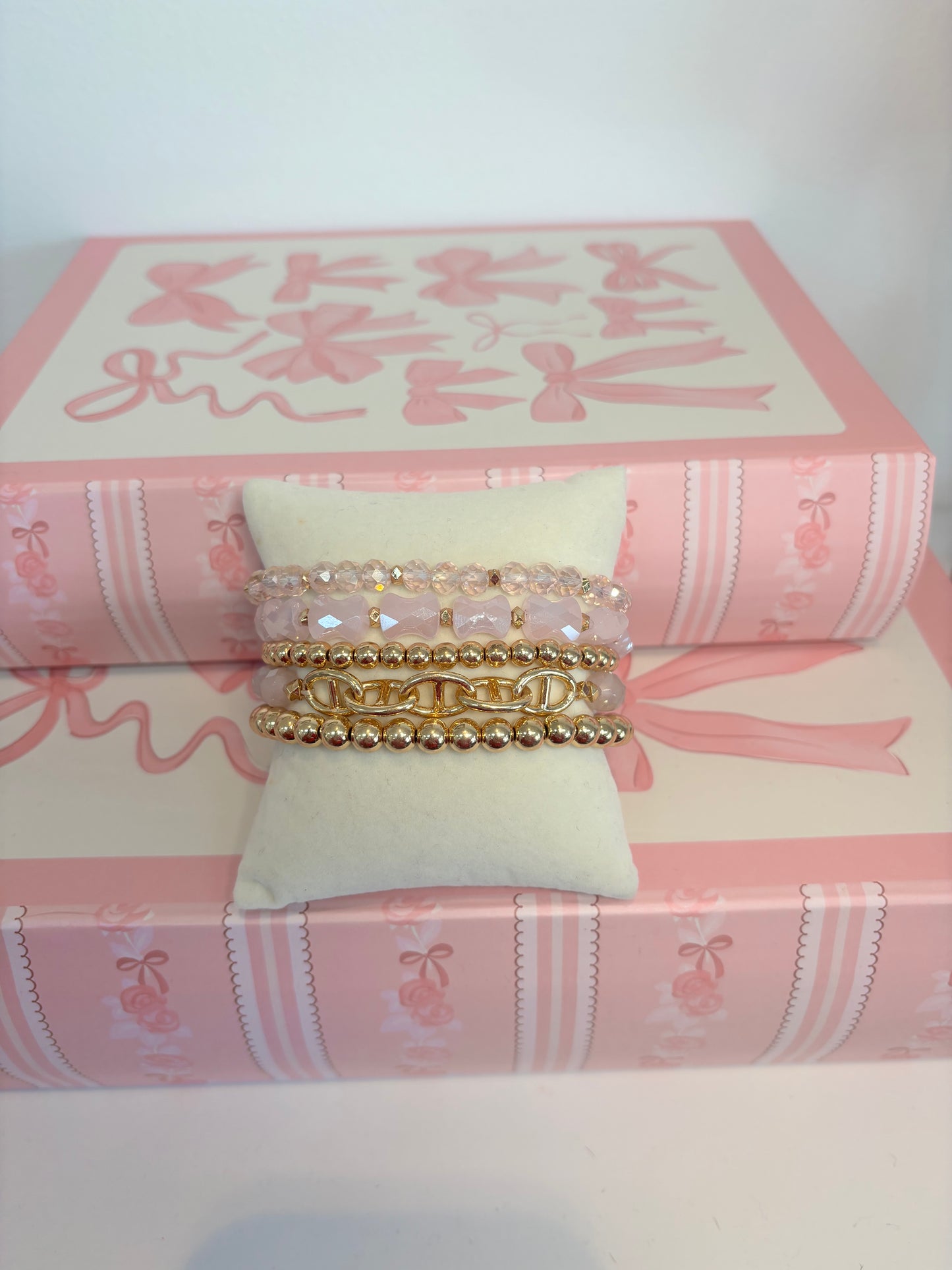 Pink Crystal and Gold Bracelet Stack