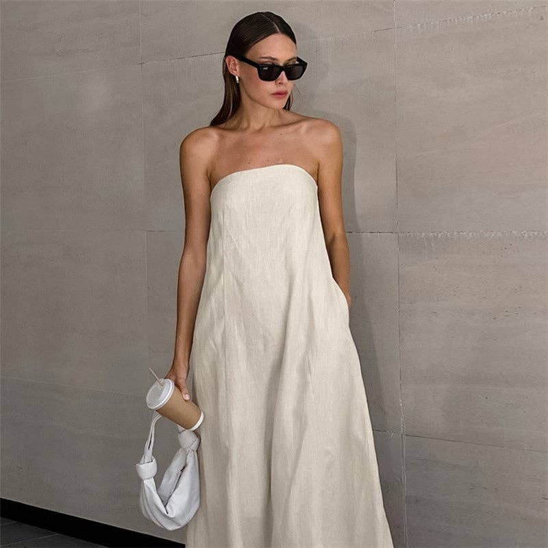 Khaki Casual Strapless Backless Maxi Dress