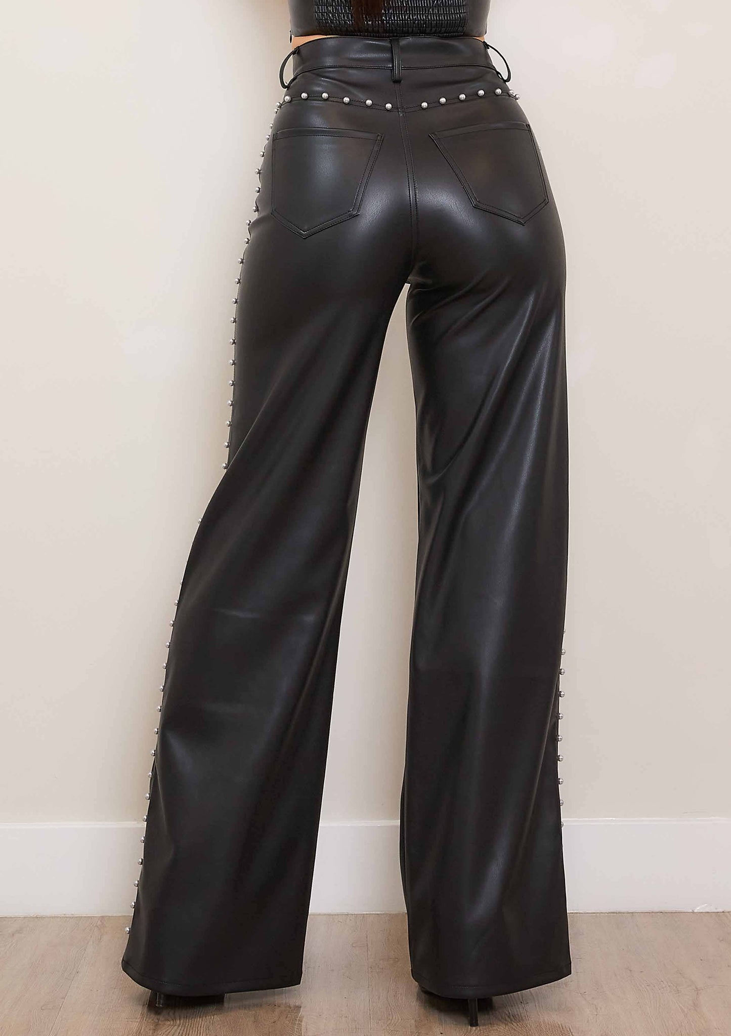 Vegan Leather Wide Leg Pants With Pearl