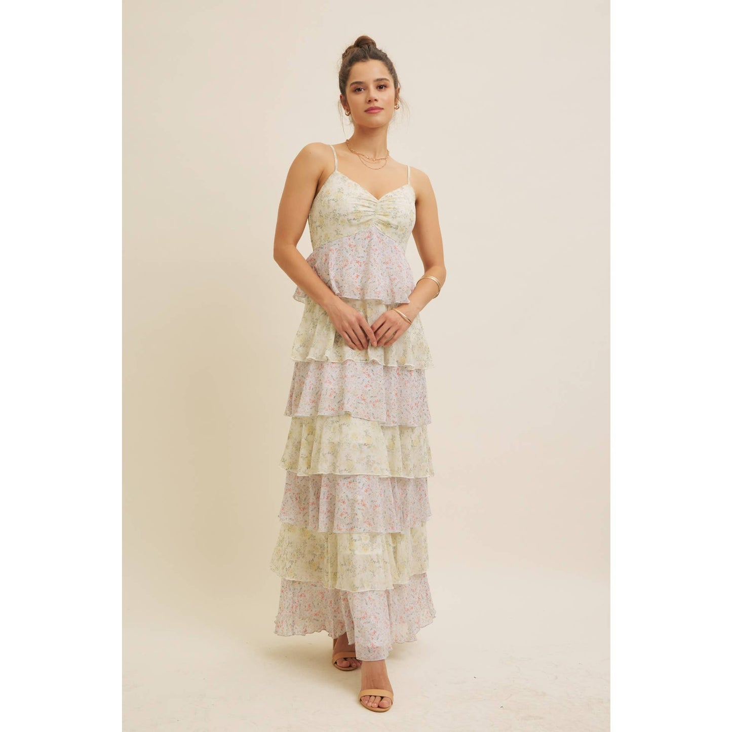 ROMANTIC FLORAL TIERED MAXI DRESS WITH RUCHED BUST