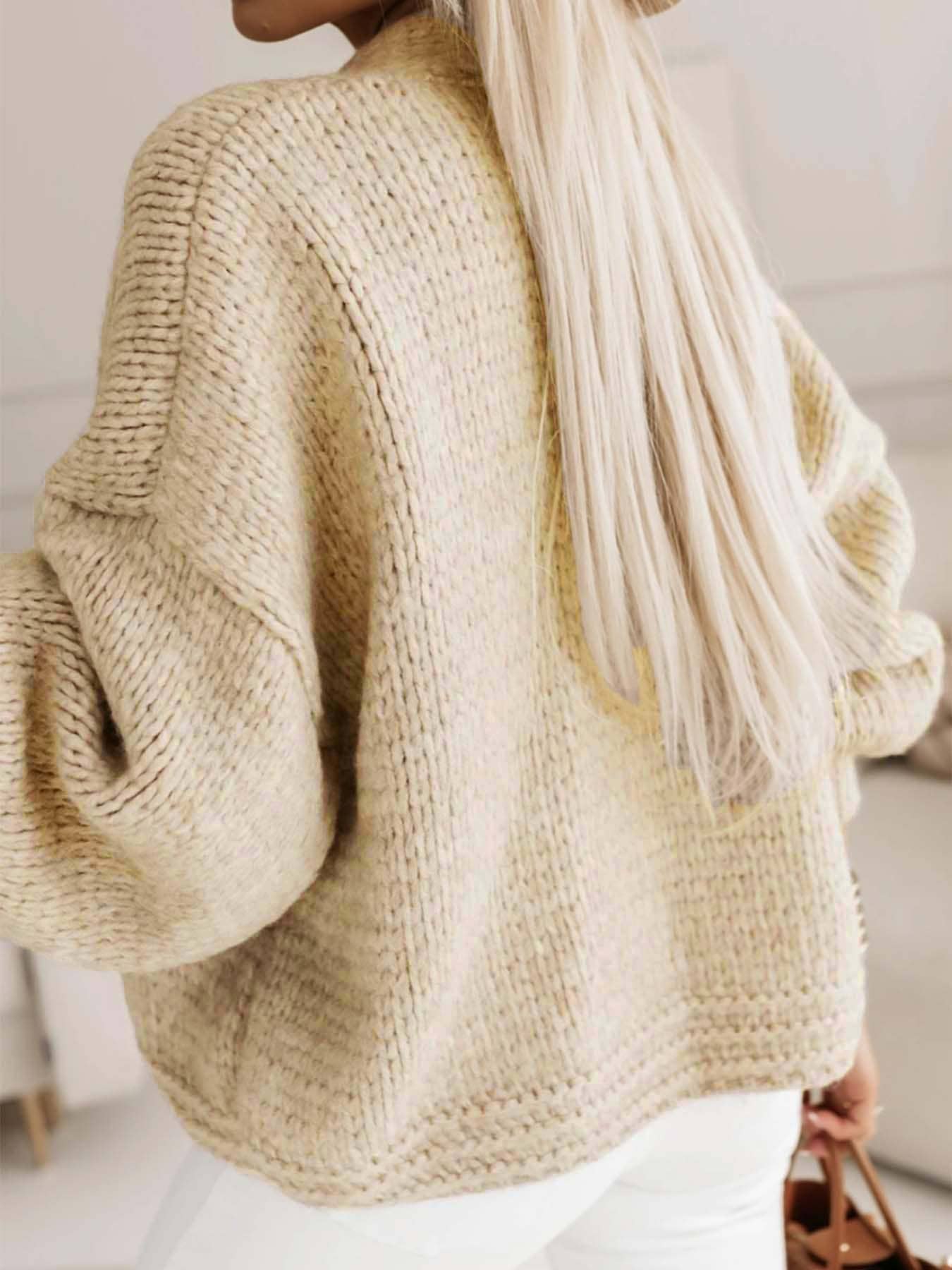 Chunky Knit V-Neck Lantern Sleeve Cardigan